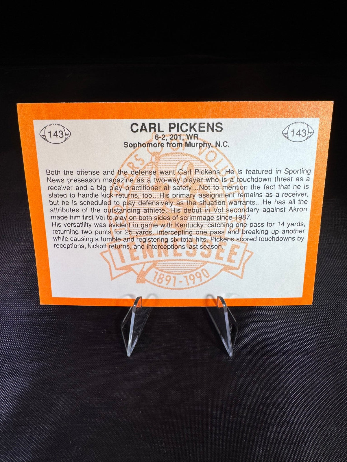 Carl Pickens Offense or Defense 1990 Tennessee Volunteers Signed Card - The Volunteer Club