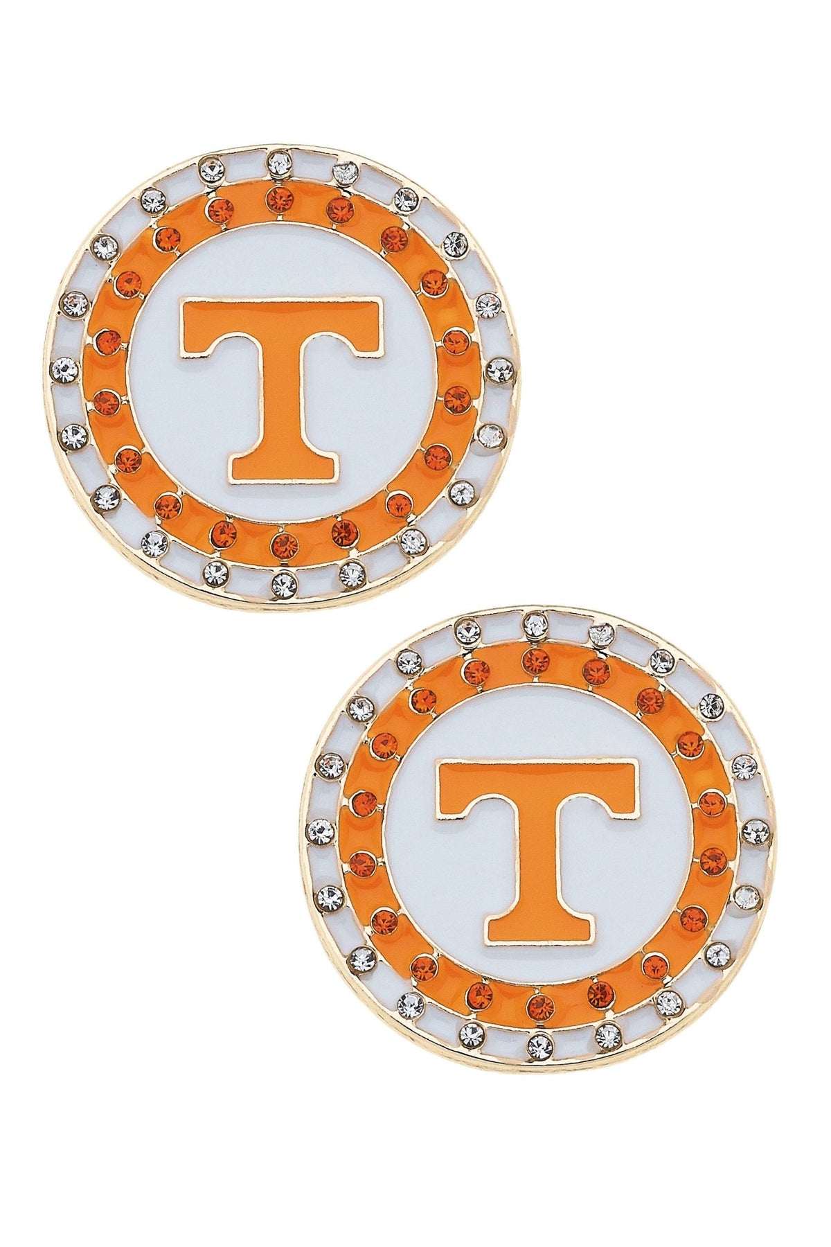 Tennessee Vols Pave Disc Stud Earrings in Orange/White - The Volunteer Club